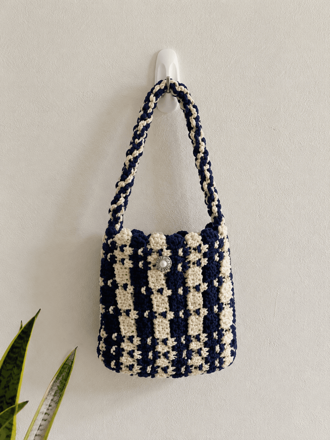 Handmade bags & accessories — Navy & Cream Crochet Phone Bag