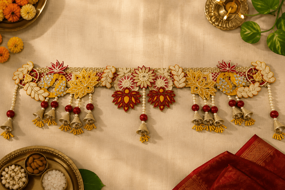 Royal Golden Floral Toran with Hanging Bells — media 1 of 2