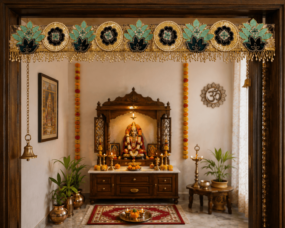 Elegant Teal & Gold Lotus Toran — media 1 of 2