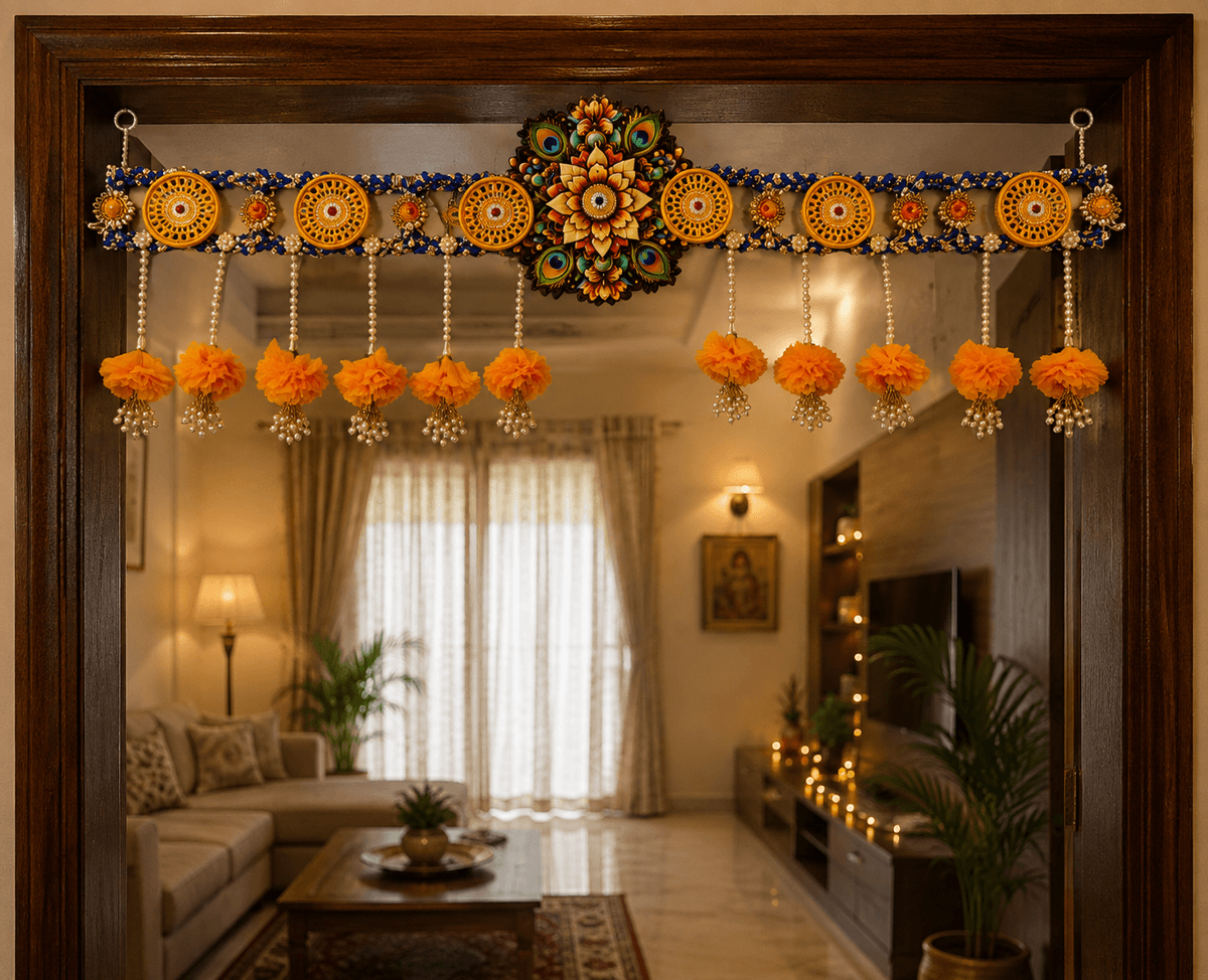 Royal Peacock Floral Toran with Marigold Tassels — media 1 of 2