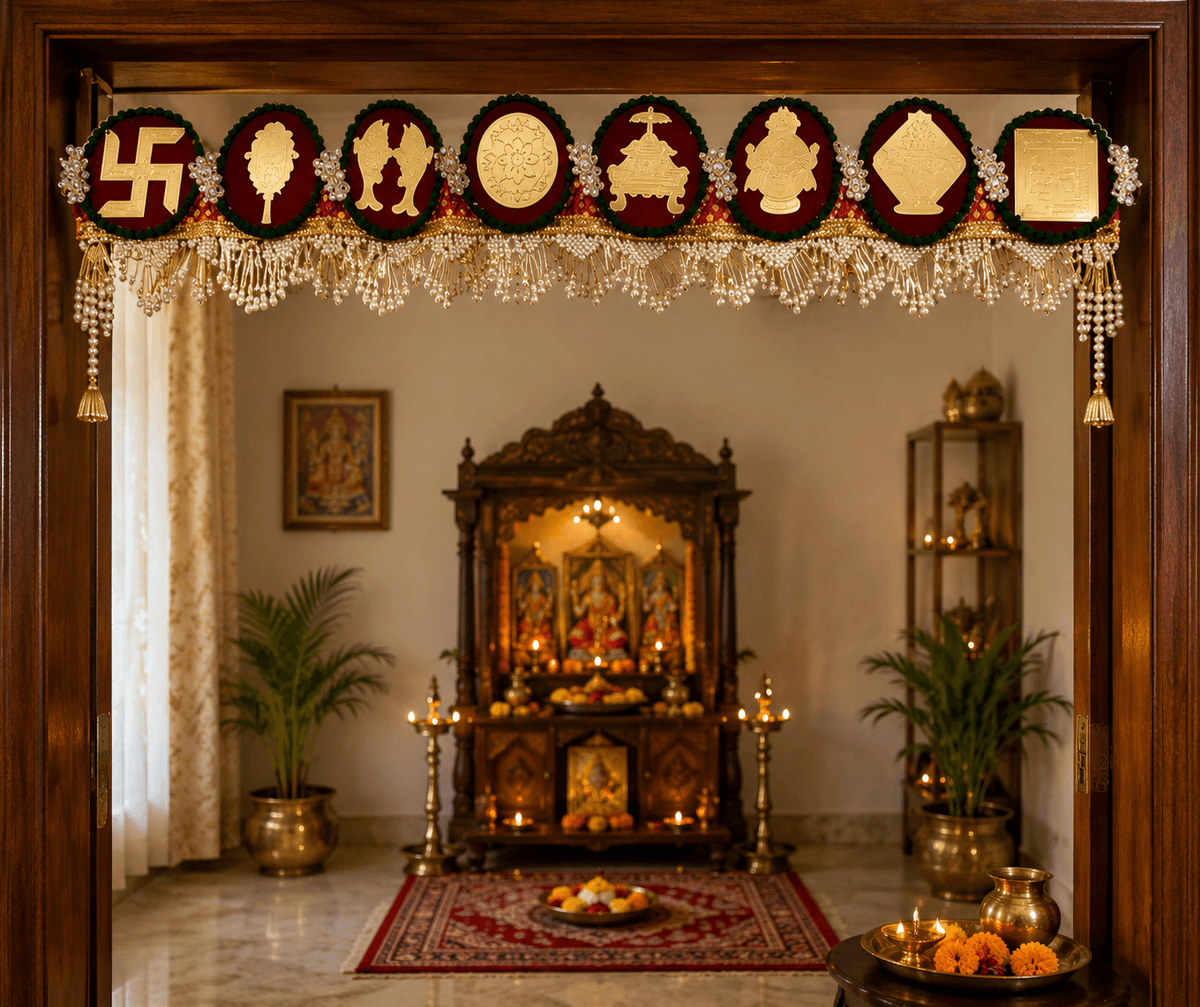 Auspicious Gold & Maroon Religious Toran — media 1 of 2