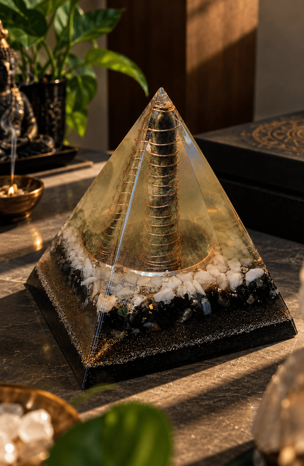 Handmade resin art — Vastu Energy Pyramid – Tiger Eye & Crystal Resin Pyramid